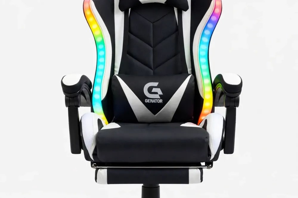 RESIGILAT- Scaun gaming, sistem iluminare bandă LED RGB, masaj în perna lombară, suport picioare, Negru/Alb