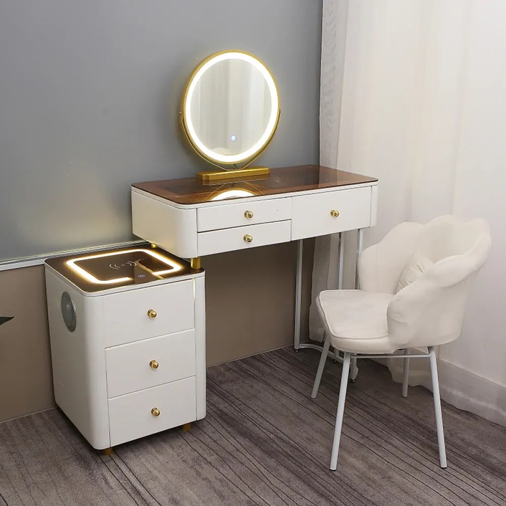Set OFELIA – Masă de Toaletă pentru Machiaj, Oglindă Iluminată LED, Control Touch, 6 sertare, Comoda, Scaun, Difuzor Bluetooth, Zona încărcare fără fir, Alb, 120x40x78 cm