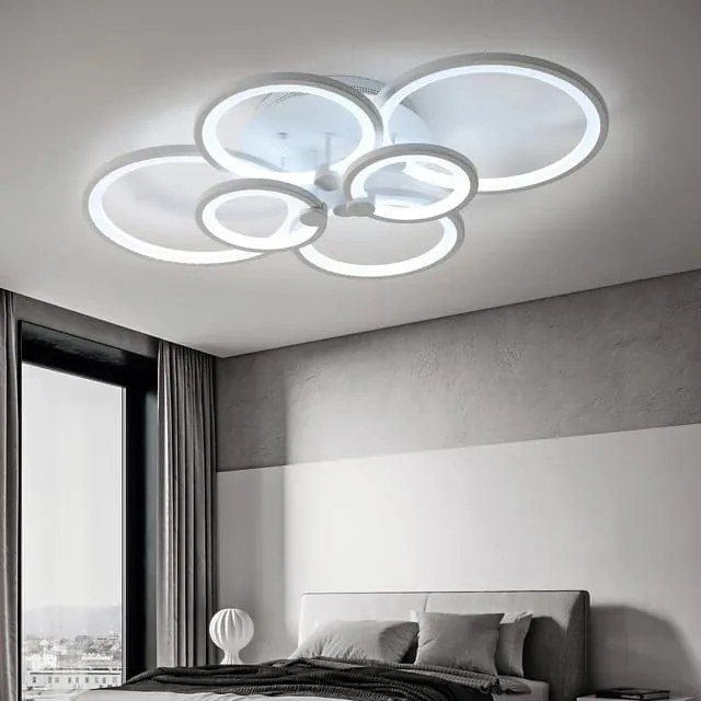 Lustră LED cu Telecomandă, Meda 4+2 cercuri,168W, Alb, 74 cm
