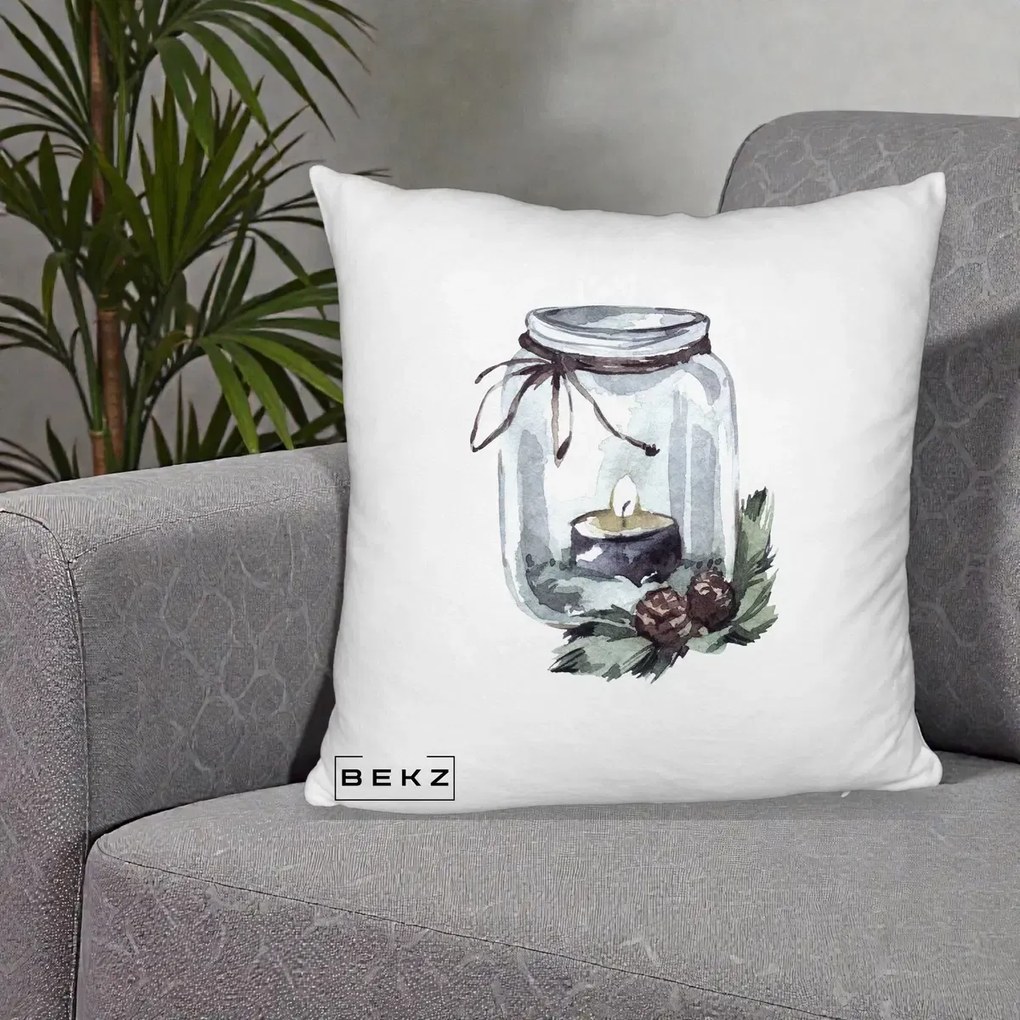 Perna Decorativa Felinar cu Lumanare si Conuri, 40x40 cm, Alb Pufos, Husa Detasabila, Perna Inclusa, BEKZ®
