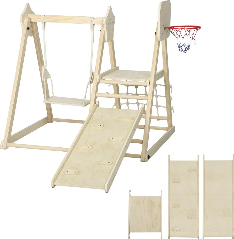 AIYAPLAY Set de Cățărare 5 în 1 cu Tobogan, 2 Pereți de Cățărare, Leagăn și Coș de Baschet, din Lemn, 140x172.5x116.5 cm | Aosom Romania