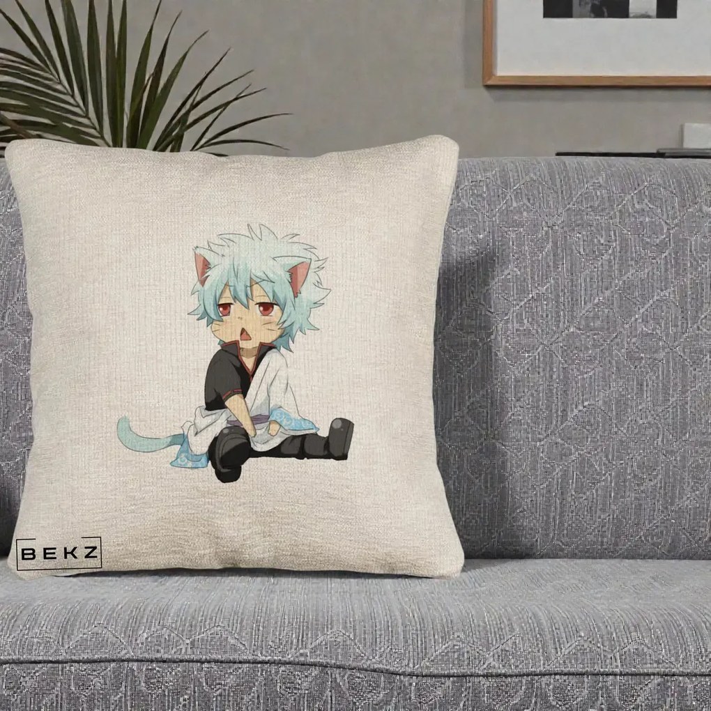 Perna Personalizata Gintama Gintoki Chibi Pisica, 40x40 cm, Bej Canapea, Husa Detasabila, Perna Inclusa, BEKZ®