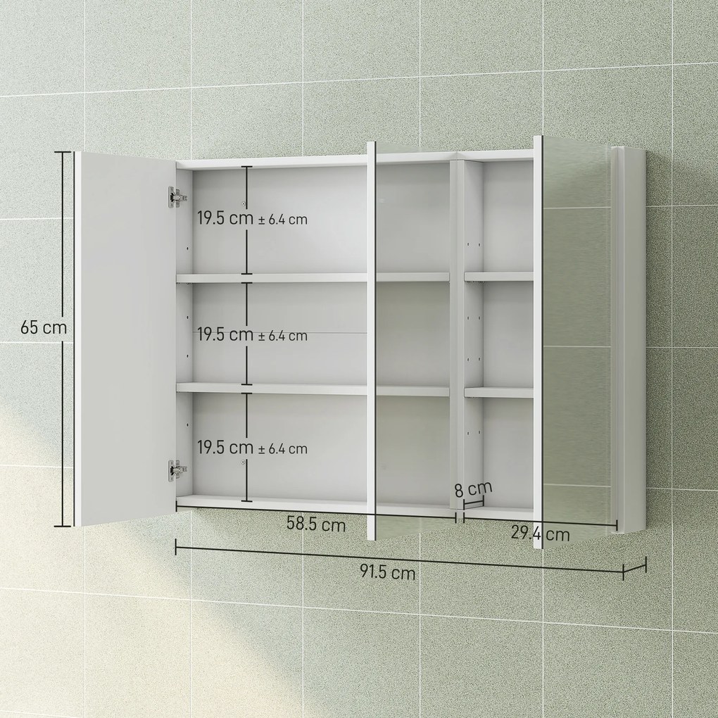 HOMCOM Dulap de Baie cu Oglindă, 3 Uși, 4 Rafturi Reglabile, 91,5 x 11,5 x 65 cm, Alb | Aosom Romania
