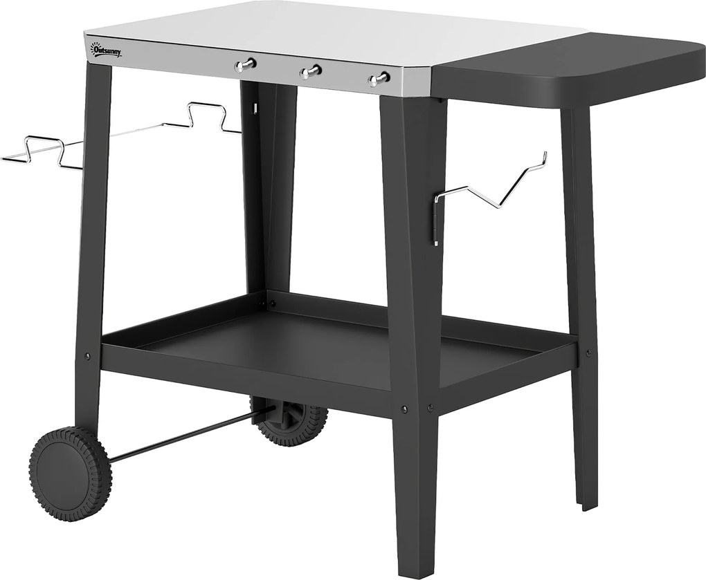 Outsunny Cărucior de bucătărie cu roți cărucior de servire cu cârlige, suport pentru role de hârtie și prosoape, oțel inoxidabil, 115 x 67,5 x 80,5 cm Negru | Aosom Romania