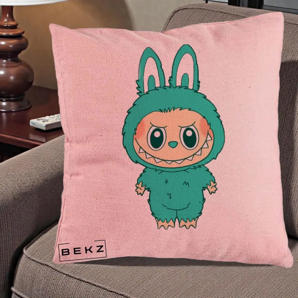 Perna Personalizata Labubu Turcoaz, 40x40 cm, Roz, Husa Detasabila, Perna Inclusa, BEKZ®
