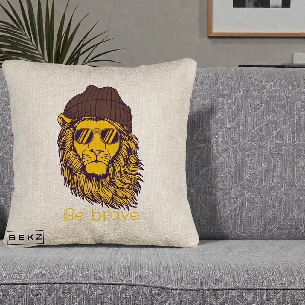 Perna Decorativa Leu Hipster Be Brave, 40x40 cm, Bej Canapea, Husa Detasabila, Perna Inclusa, BEKZ®