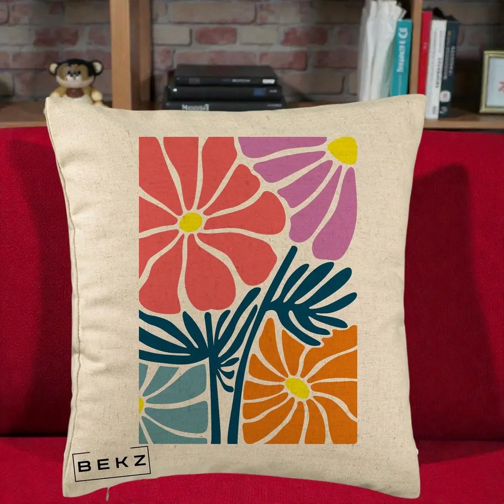 Perna Decorativa Flori Grafice Roz-Orange-Albastru, 40x40 cm, Bej, Husa Detasabila, Perna Inclusa, BEKZ®