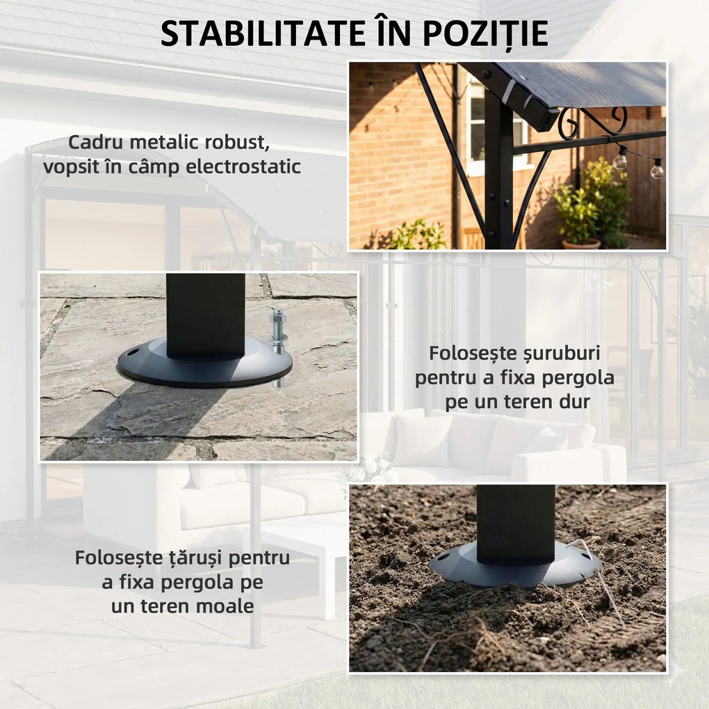 Outsunny Pergolă Gazebo 3.8x2.8m cu 16 Găuri de Drenaj, Pergolă din Metal și Poliester 180g/m² cu Șuruburi, pentru Exterior, Grădină, Terasă și Patio, UV 30+, Gri | Aosom Romania