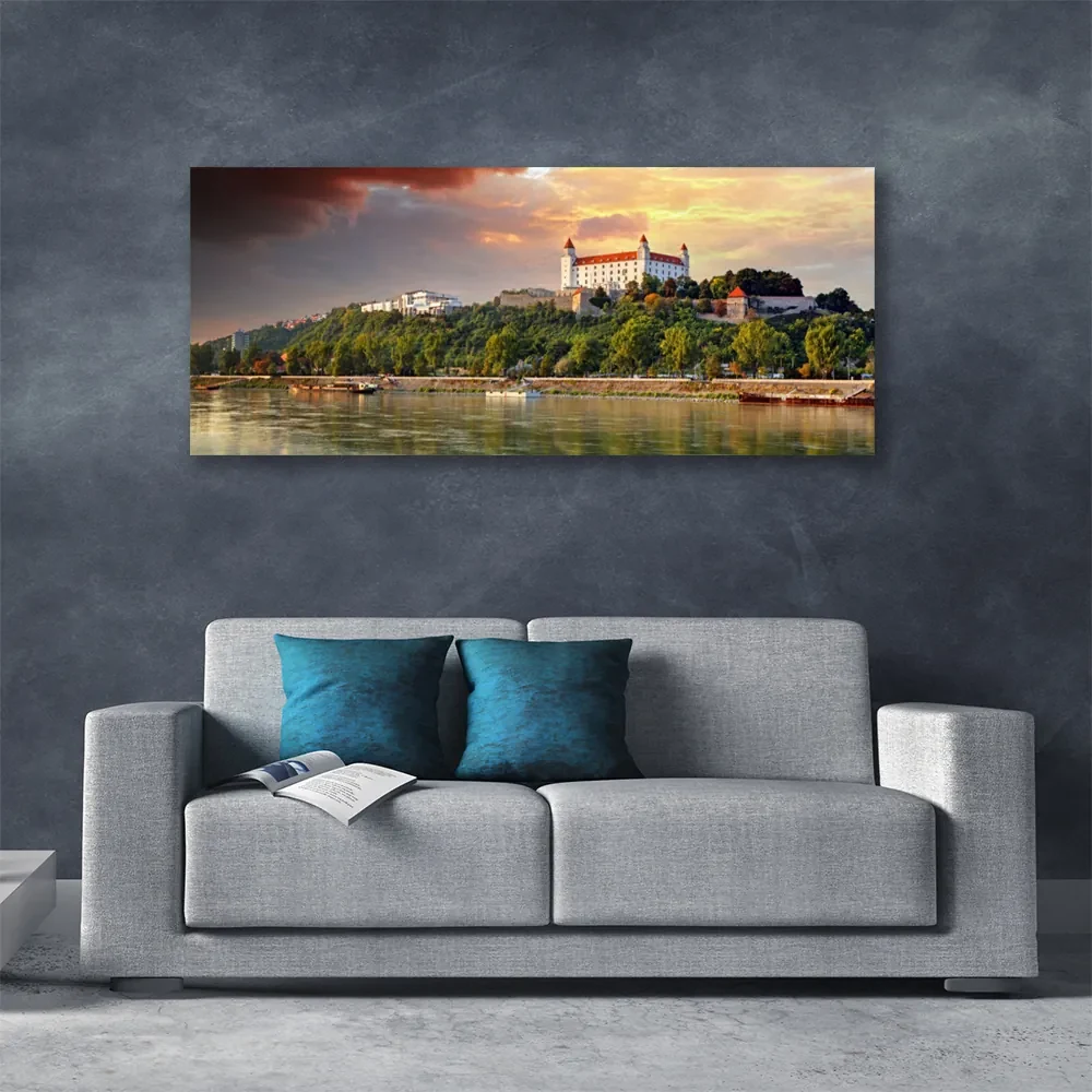 Tablou pe panza canvas City Lake Peisaj Alb Brun Verde