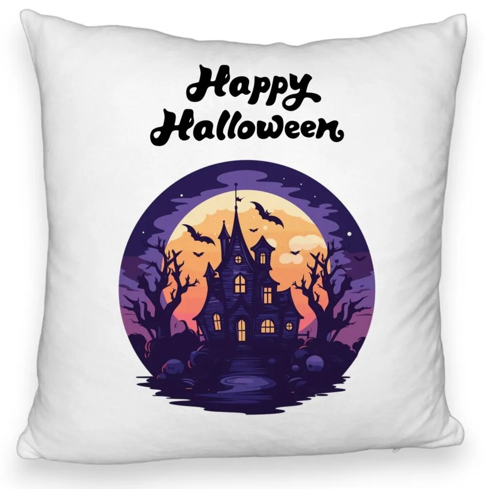 Perna Decorativa Fluffy cu motiv de Halloween si Text, 40x40 cm, Alba, Husa Detasabila, Burduf