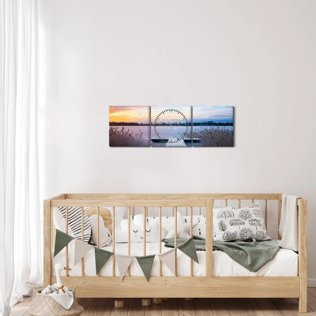 Tablou - Lac înghețat, Ełk, Mazury, Polonia (cu ceas) (90x30 cm)