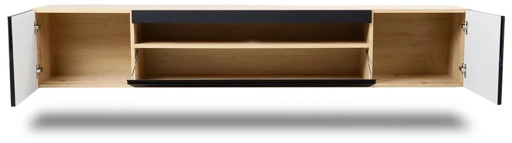 Dulap TV suspendată Loftia 200 cm cu două uși și nișă - artisan / negru mat