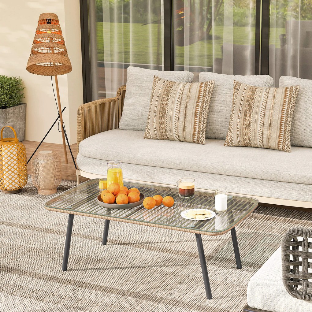 Outsunny Măsuță de Grădină din Ratan PE și Sticlă 110x60x40 cm Lemn Natural | Aosom Romania