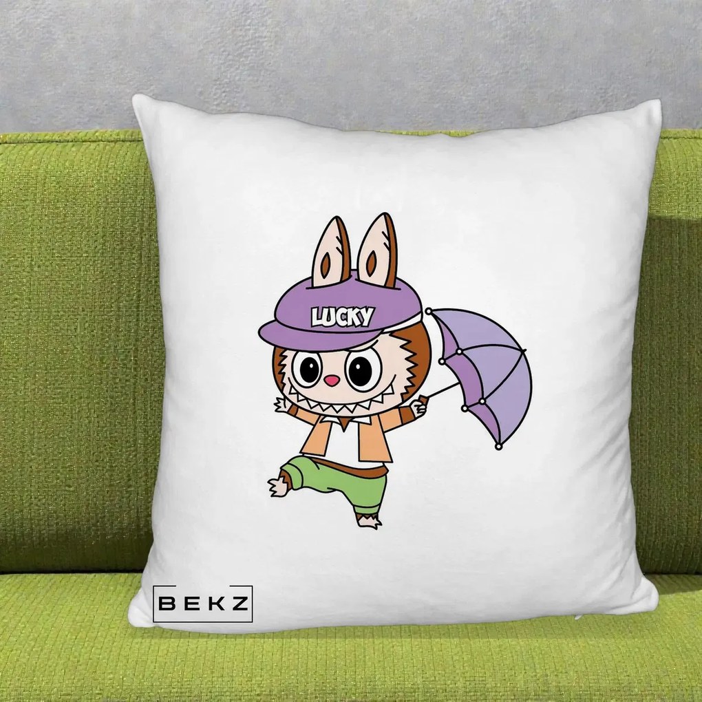 Perna Personalizata Labubu Lucky cu Umbrela, 40x40 cm, Alb Pufos, Husa Detasabila, Perna Inclusa, BEKZ®