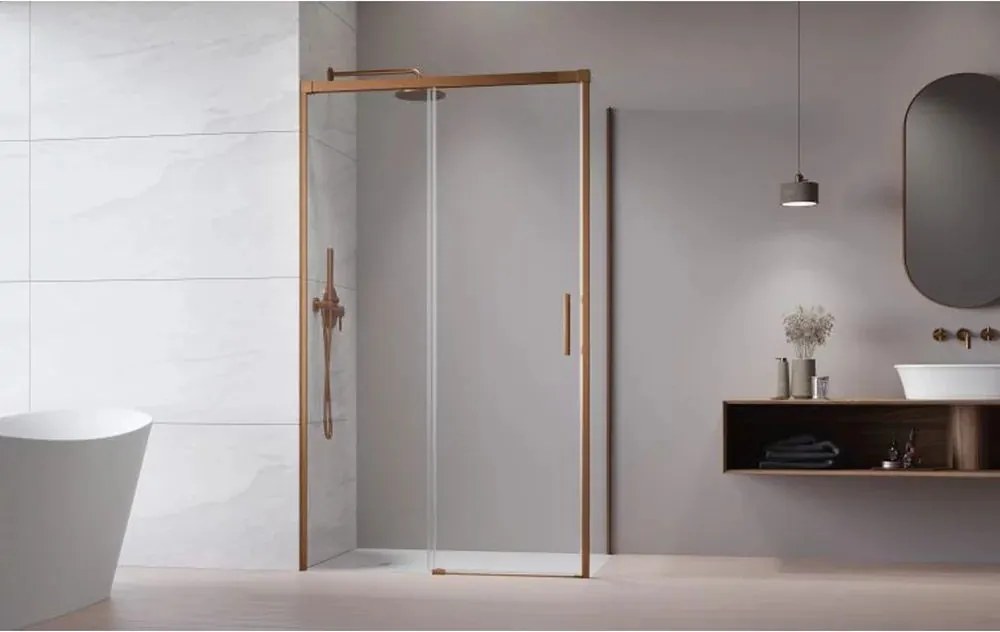 Cabina de dus dreptunghiulara cu usa glisanta Radaway Idea KDJ 130x110 cm finisaj cupru periat-transparent stanga