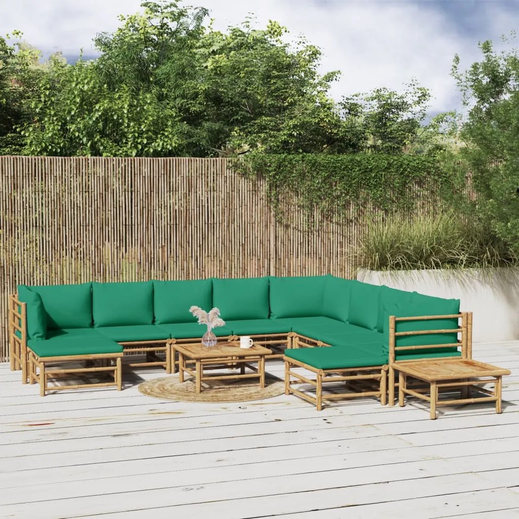 3155163 vidaXL Set mobilier de grădină cu perne verzi, 12 piese, bambus