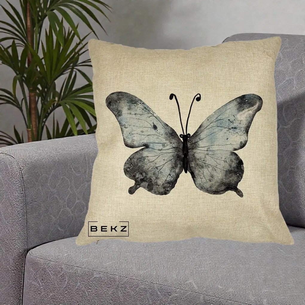 Perna Decorativa Fluture Acuarela Albastru-Gri, 40x40 cm, Crem, Husa Detasabila, Perna Inclusa, BEKZ®