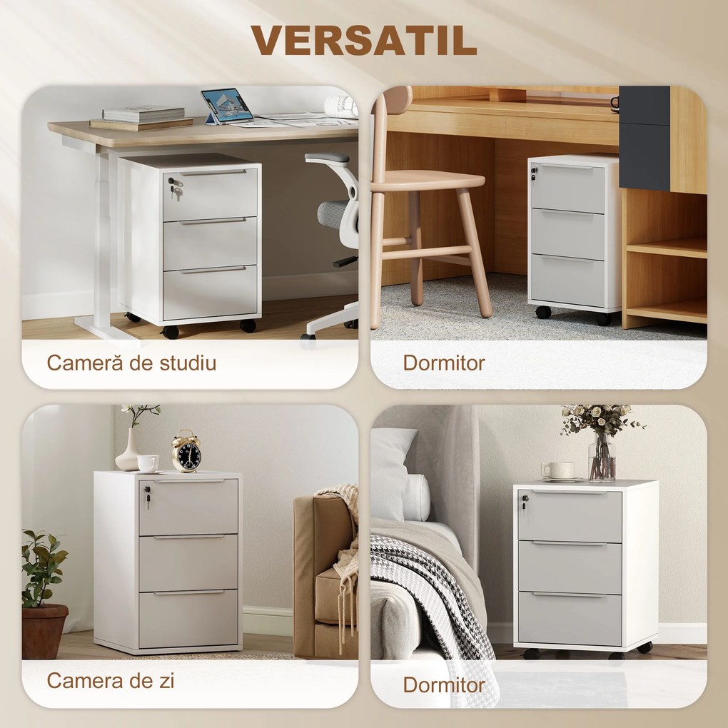 HOMCOM Dulap de Birou cu 3 Sertare cu Chei și 4 Rotile Alb și Gri | Aosom Romania