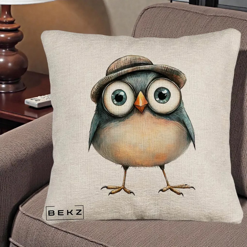 Perna Decorativa Pui cu Palarie Rotunda, 40x40 cm, Bej Canapea, Husa Detasabila, Perna Inclusa, BEKZ®