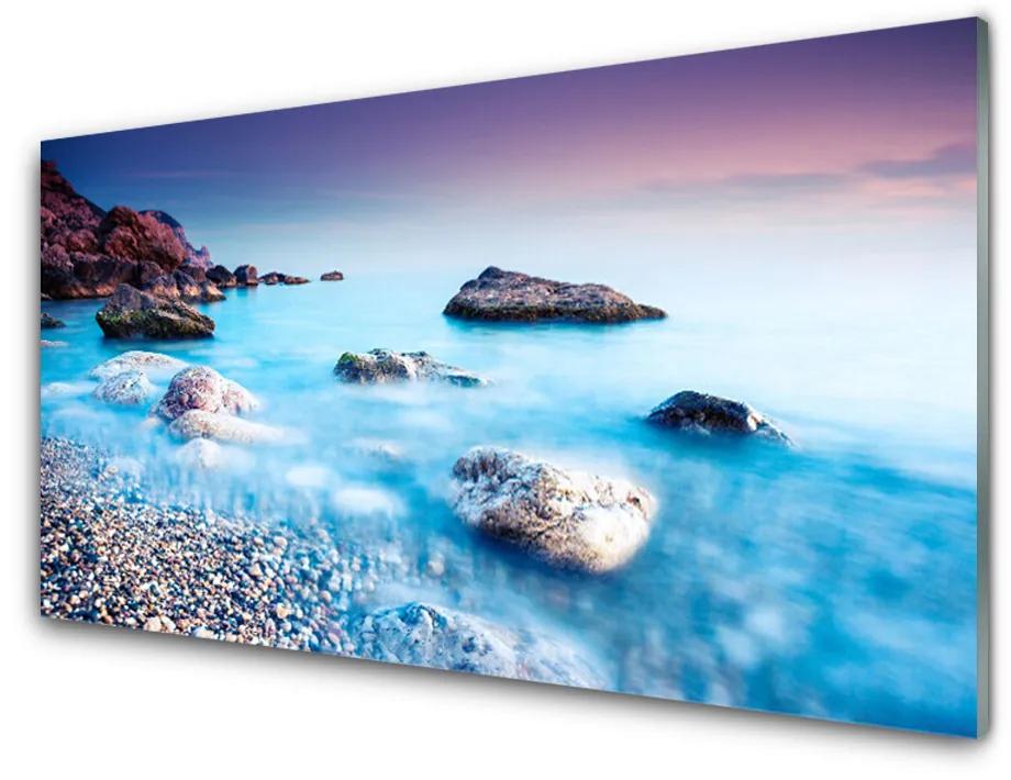 Tablou pe sticla acrilica Sea Stones Beach Peisaj Albastru Gri Roz