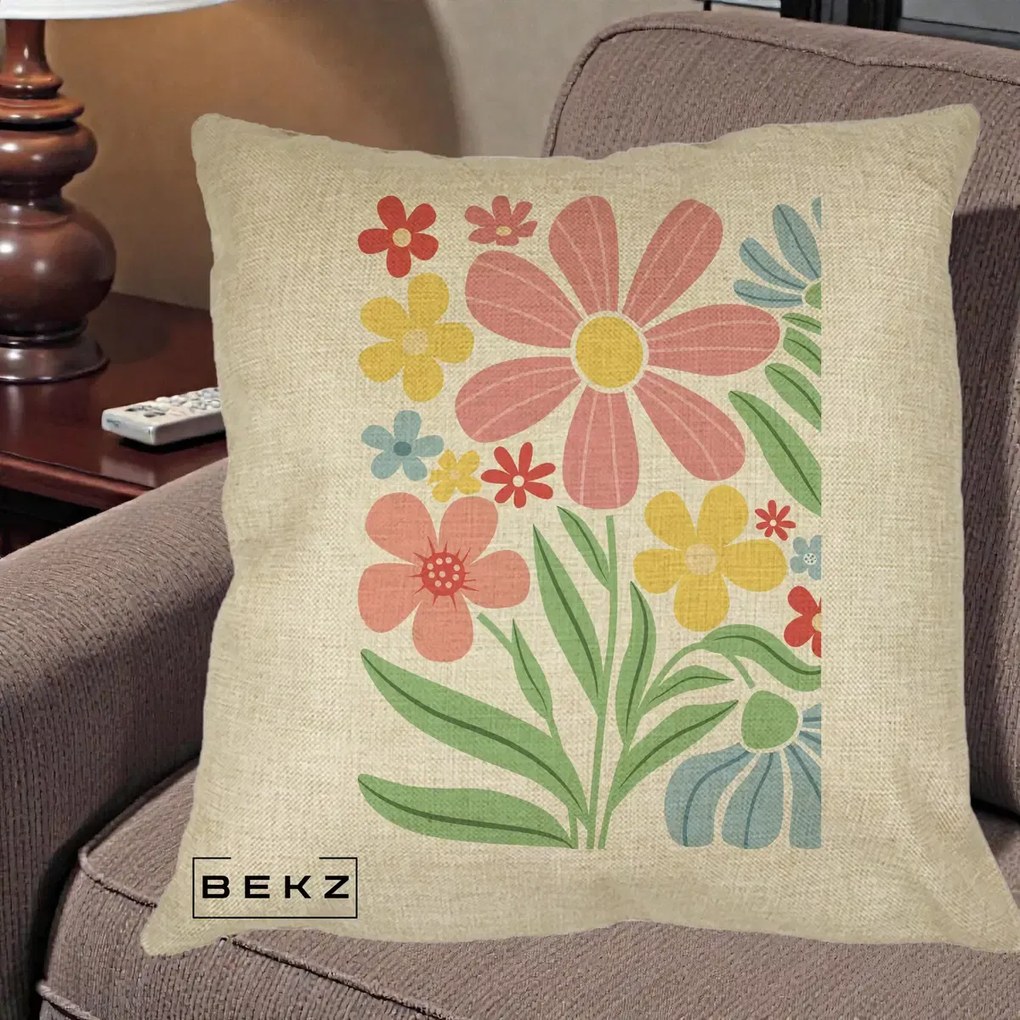 Perna Decorativa Flori Grafice Roz Pastel, 40x40 cm, Crem, Husa Detasabila, Perna Inclusa, BEKZ®