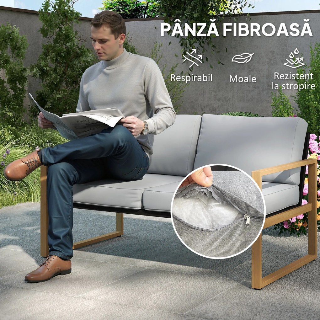 Outsunny Set Mobilier de Grădină din 4 Piese, cu Canapea de 2 Locuri, 2 Fotolii și Măsuță de Cafea, 123.5x75x73 cm, Gri | Aosom Romania