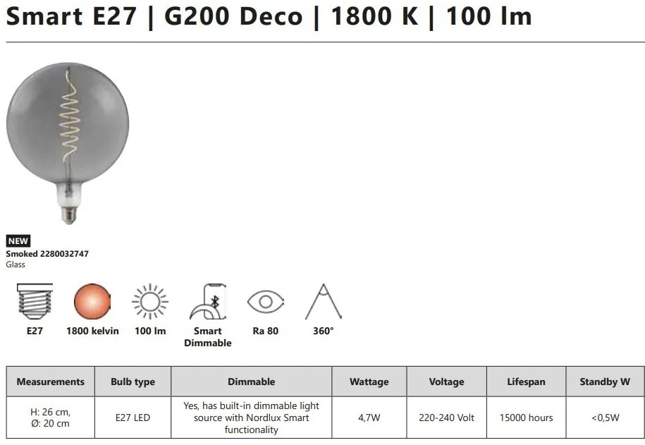 Bec de dimensiuni mari Smart E27 G200 Deco 1800K 100Lm Smoked