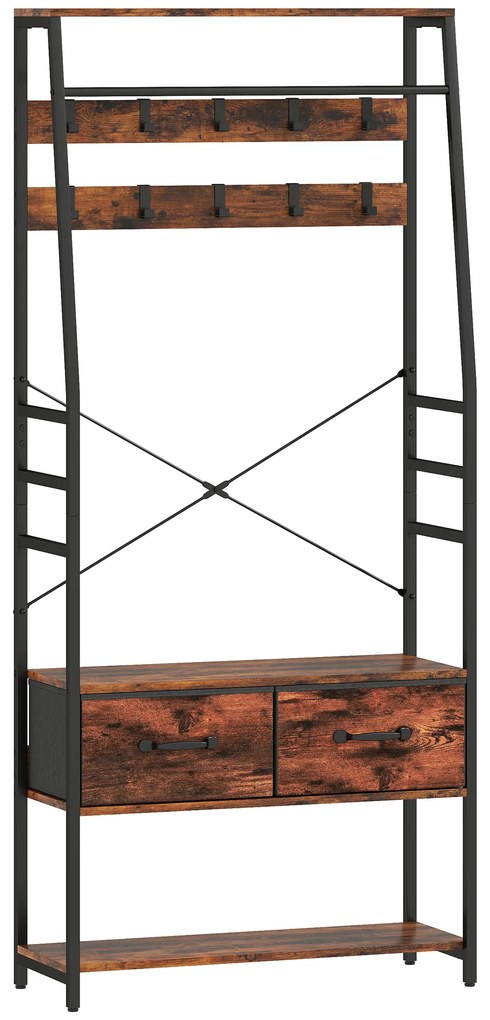 HOMCOM Mobilier de intrare 6 în 1 cuier bară pentru haine raft 2 sertare 10 cârlige 80 x 30 x 180 cm maro rustic | Aosom Romania