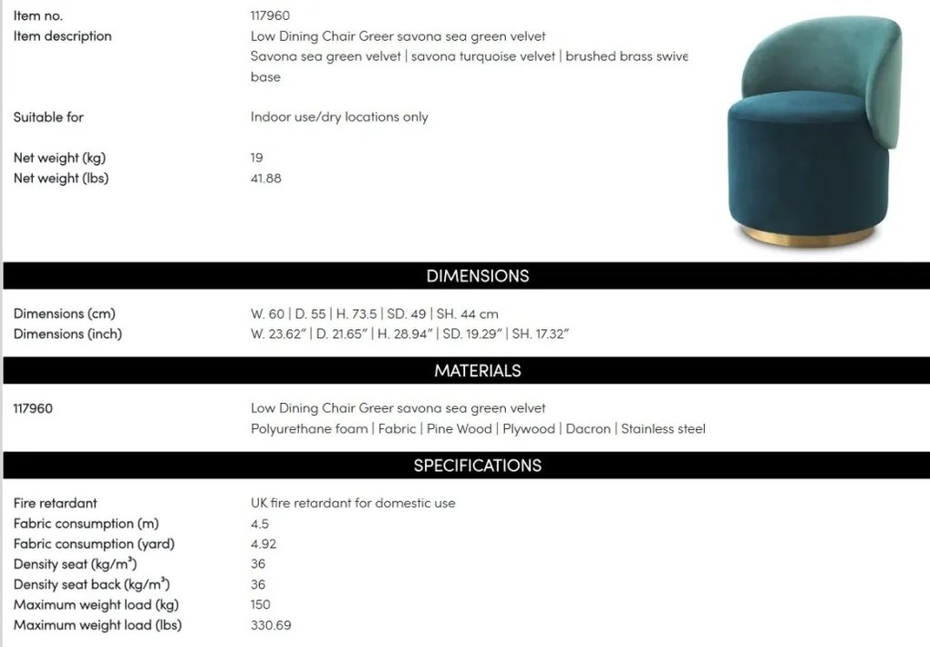 Fotoliu pivotant modern design LUX Chair Greer, Savona sea green, turquoise