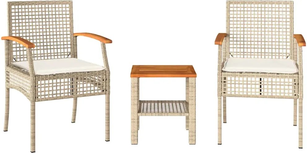 vidaXL Set bistro cu perne, 3 piese, bej, poliratan și lemn acacia