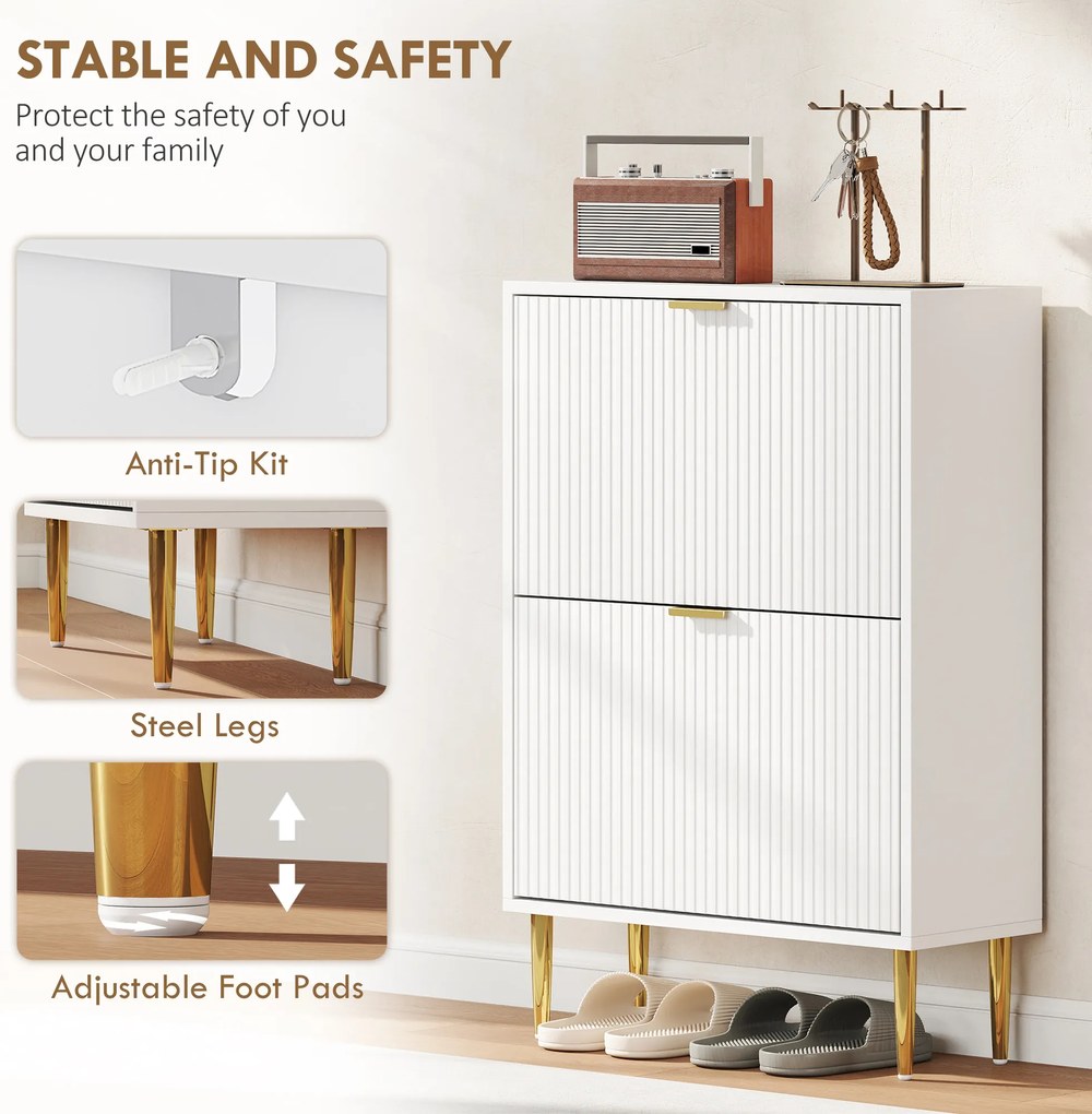 HOMCOM Dulap pentru pantofi pentru 12 perechi de pantofi cu 2 sertare rabatabile, Alb | Aosom Romania