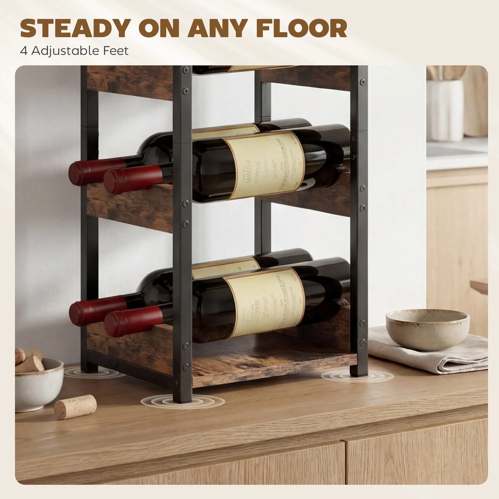 HOMCOM Suport Vin, Rafturi Ondulate, Picioare Reglabile, Maro Rustic, Negru | Aosom Romania