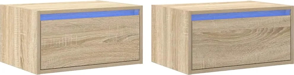 vidaXL Noptiere montate pe perete cu lumini LED, 2 buc., stejar sonoma