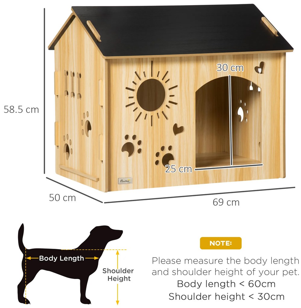 PawHut Hundehütte, cu deschideri pentru ventilare, rezistent la intemperii, din material lemnos, Negru+Culoare lemn, 69 x 50 x 58,5 cm | Aosom Romania