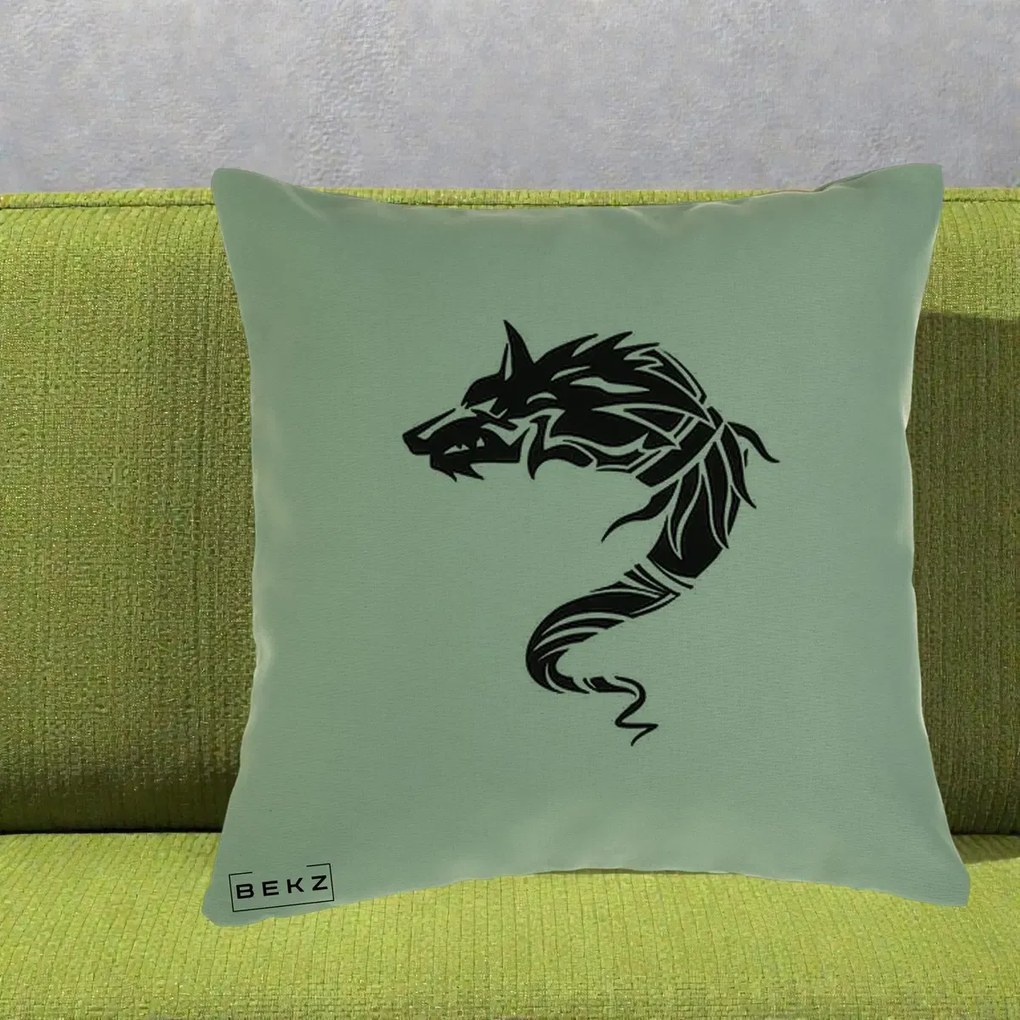 Perna Decorativa Lup Tribal Alb-Negru, 40x40 cm, Verde, Husa Detasabila, Perna Inclusa, BEKZ®