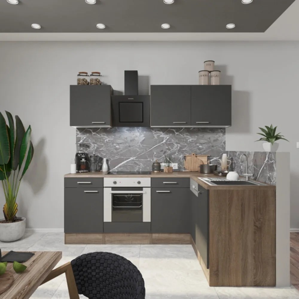 Mobilă de bucătărie de colț Yorki 220, corp din stejar Yorki, față antracit satinat cu element inferior al cuptorului