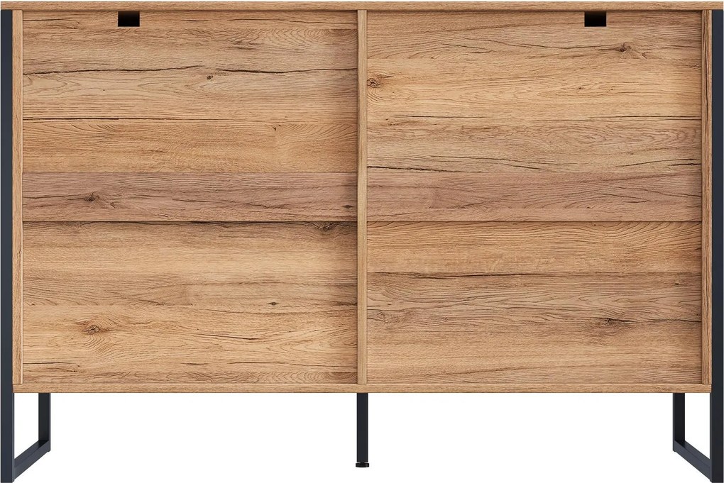 Bufet cu 6 sertare, cadru metalic negru și fronturi de sertare geometrice, 120x40x80 cm, Culoare naturală