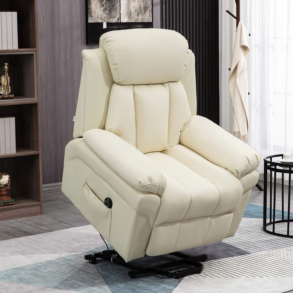 HOMCOM - Fotoliu Rabatabil cu Ridicare Electrica, Fotoliu Relax cu Capitonaj Gros si Telecomanda, 96x93x105 cm, Crem | Aosom Romania