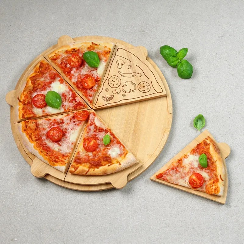 Tava rotunda pentru servirea pizzei Kesper 58468, Bambus, 36 cm, 6 felii, Maro