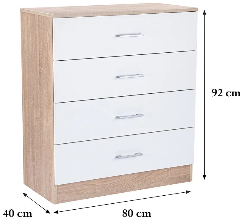 Comodă Miami cu 4 sertare 80x92 cm alb-stejar sonoma