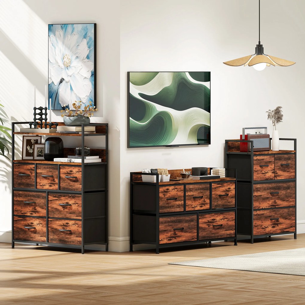 HOMCOM Comodă, mobilier de depozitare cu 5 sertare pliabile din țesătură, blat și cadru din oțel, 98 x 29 x 63 cm, maro rustic | Aosom Romania