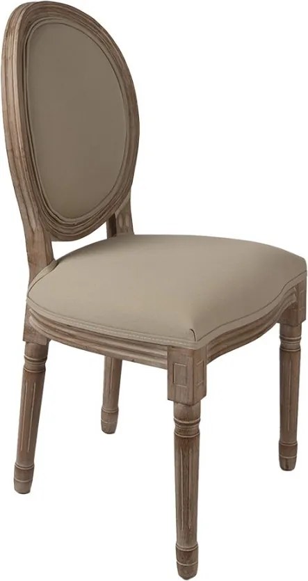 Scaun dining tapițat shabby chic din lemn masiv și stofă, bej, cu spătar oval și picioare strunjite canelate, 96 x 48 x 46 cm, „Amandine”