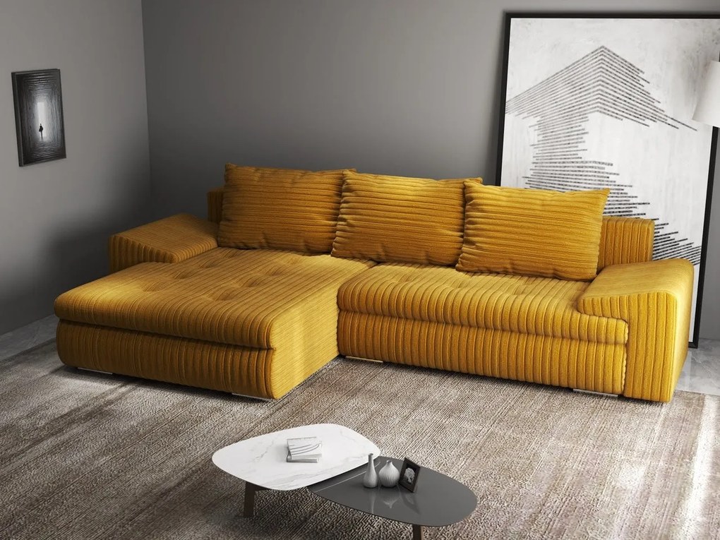 Colțar extensibil dumonde cu ladă de depozitare si sezut confortabil din spuma high-density, Leonardo Ambience Mustar 260x185 cm