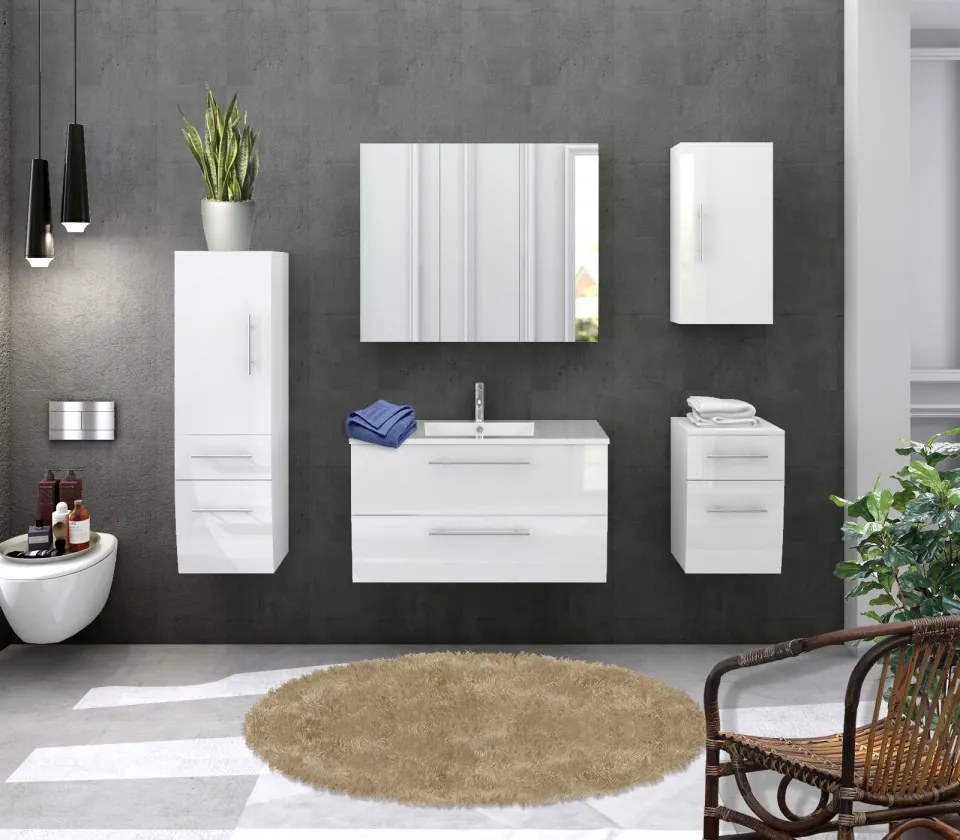Set 5 piese mobilier pentru baie, alb, 90 cm