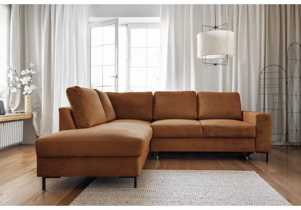 Colțar portocaliu/maro extensibil cu tapițerie din catifea reiată (cu colț pe partea stângă ) Lofty Lilly – Miuform