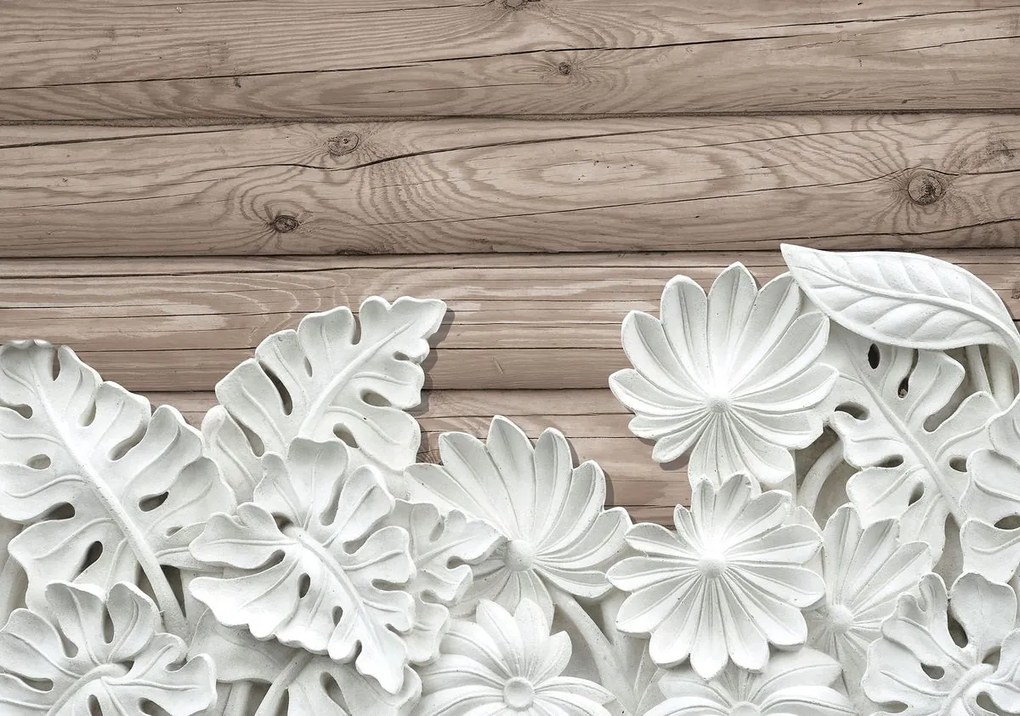 Fototapet - Florile albe ca labastru pe lemn (152,5x104 cm)