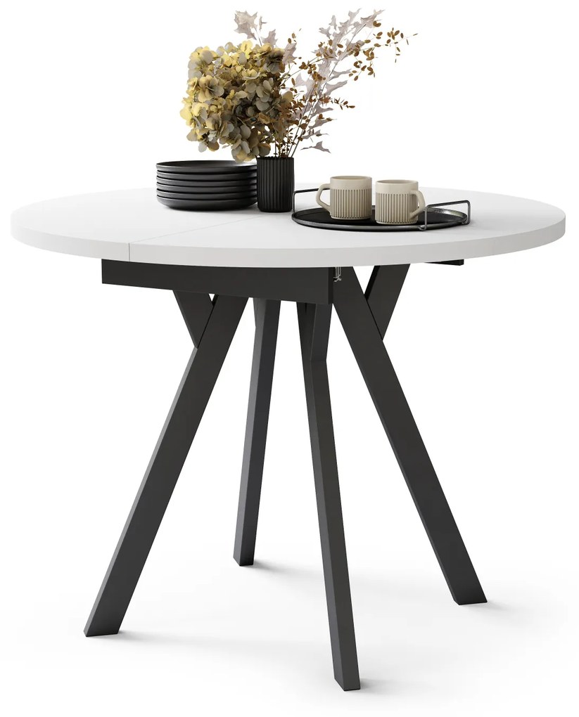 Mazzoni ALMO Alb Mat/picioare negre - MASĂ ROTUNDĂ EXTENSIBILĂ CU PICIOARE ÎN FORMĂ DE Y STIL LOFT PENTRU SALON/SUFRAGERIE