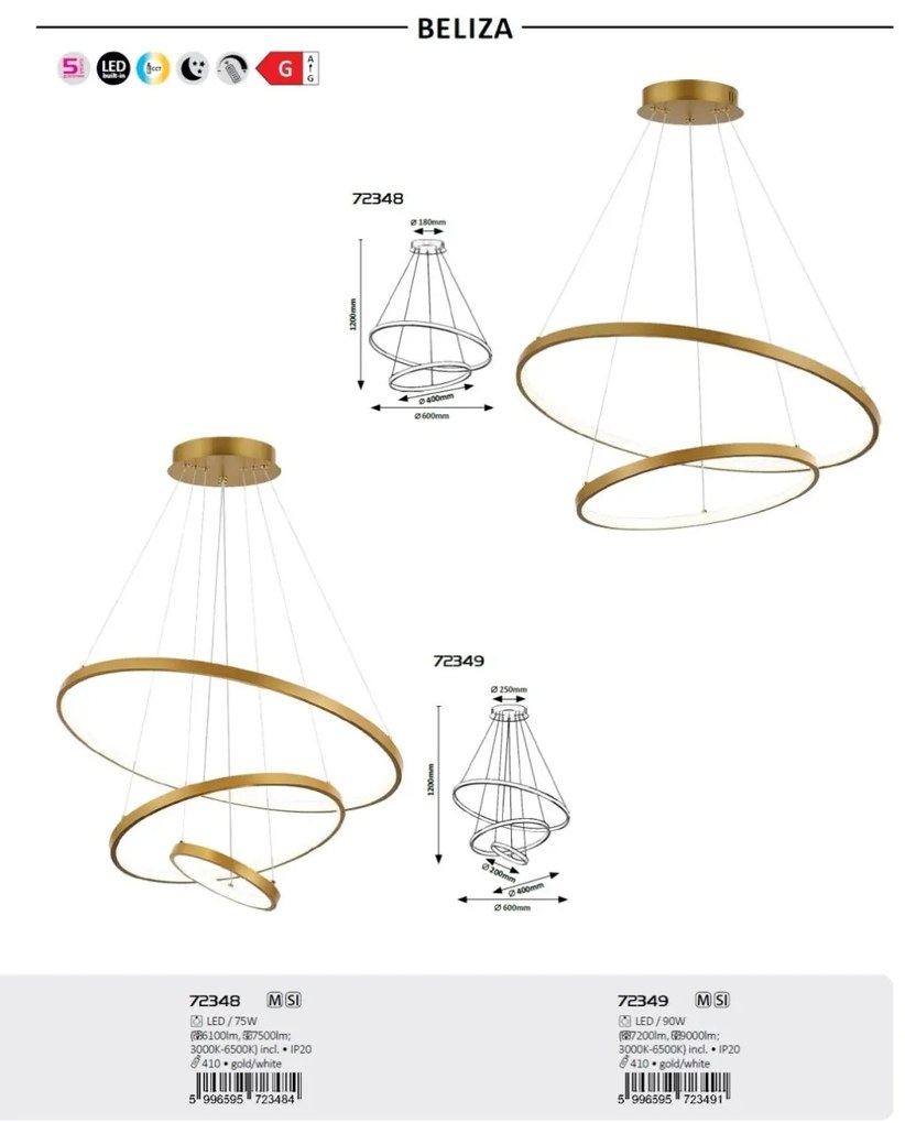 Lustra LED cu telecomanda cu 3 inele metal auriu Beliza