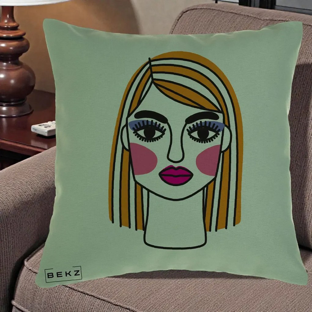 Perna Decorativa Portret Pop Art Fata, 40x40 cm, Verde, Husa Detasabila, Perna Inclusa, BEKZ®