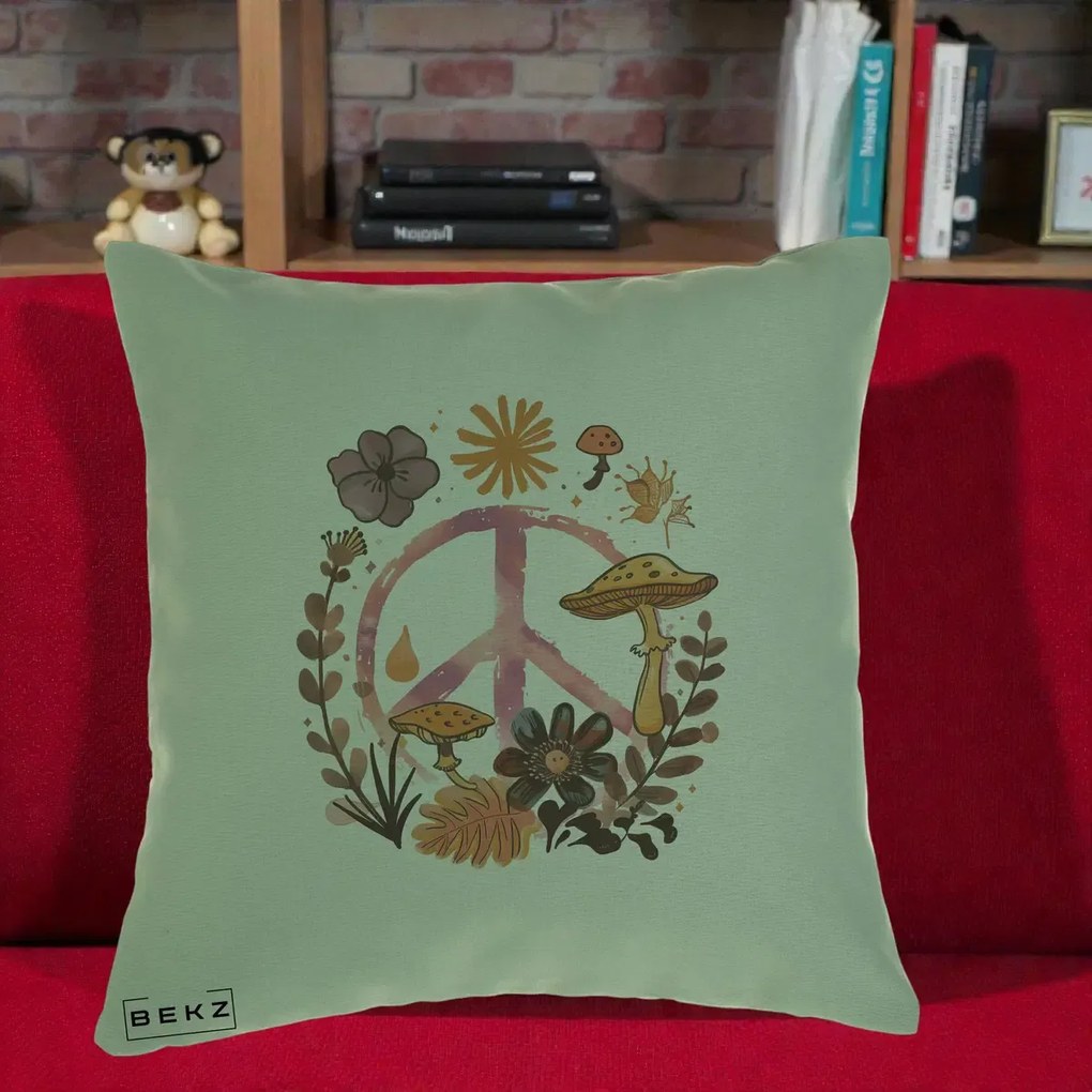Perna Decorativa Peace Ciuperci Boho, 40x40 cm, Verde, Husa Detasabila, Perna Inclusa, BEKZ®